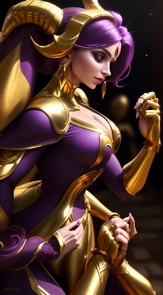 A lady,Wearing Saint Seiya Aries Gold Cloth,Purple头发,A pair of antelope horns grow from the back of the neck and curve toward the chest.,Golden Breastplate,Golden Armguard,Gold belt,Purple,Golden Leggings,A red cape hangs behind,Clear and delicate facial features,Background walking on a path in a park,Color Contact Lenses, longeyelashes, cinematic lighting, best quality, masterpiece,((modern style)),