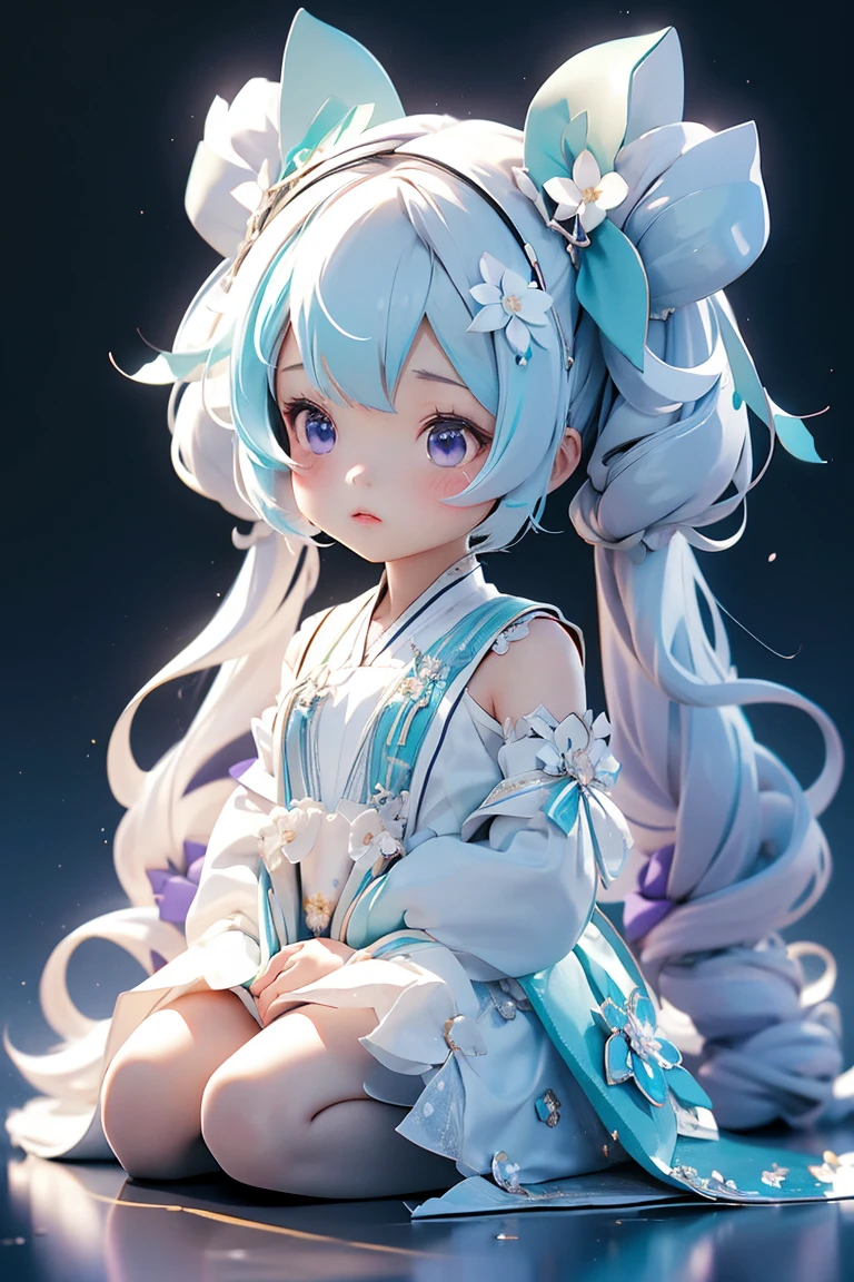 One girl,Havesune miku,Long Hair,alone,Twin tails,Little,Have,White Background,flower,hair flower,hair ornaments,Purple Hair,White mesh,Gradation,Sitting,Simple Background,Black Dress,View your viewers,White dress,very Long Hair,blue eyes,,bangs,plant,Little,Blind Box,Rendering 3D Models