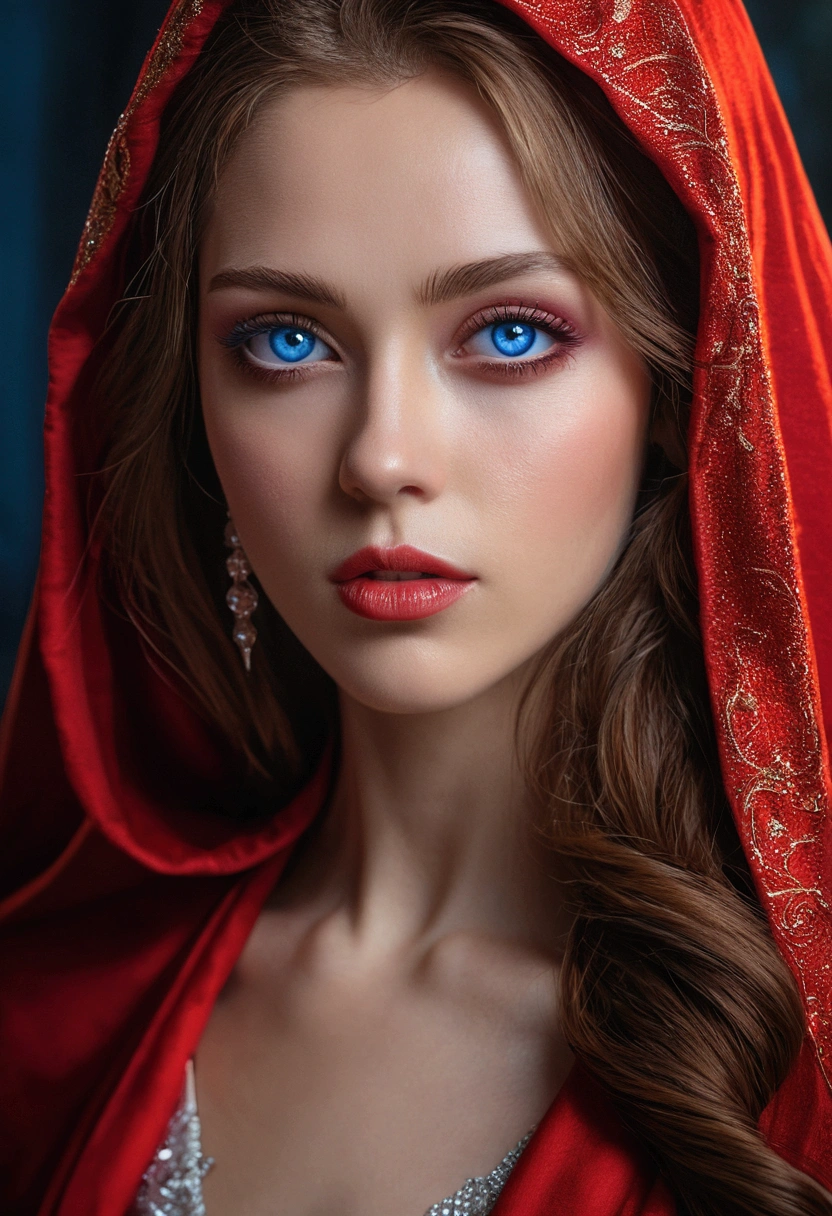 Highest quality, 4K, High resolution, masterpiece:1.2, Super detailed, (Realistic, Realistic, Photorealistic:1.37), Vibrant, Red and blue eyes，Strong gaze，Seductive eye contact，Bright red iris，Dark blue shining star，Sparkling Eyes，Vibrant colors，Portraiture，Fantasy art，Magic Red Light，Heavenly Beauty，Red color palette，Long hair，Like a red cloak