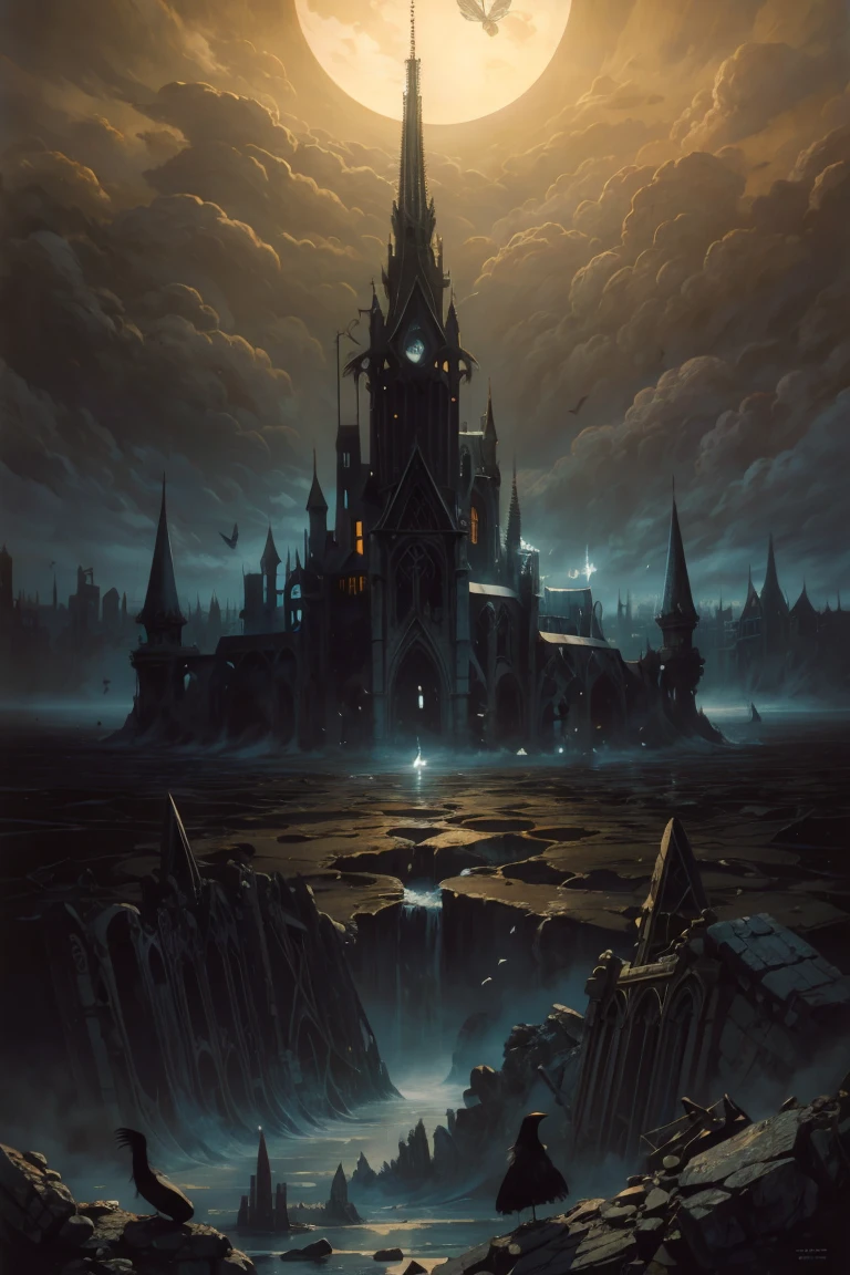 Panoramic photo of a huge ruined cathedral shrouded in thick fog in a desolate and unfamiliar landscape., pain,despair,fear, In style (Yves Tanguy:1.25), heat wave, art nouveau, excellent isolation, great wash, powerful golden hour, glass, cone, moth or butterfly,crow or crow,key, lurid, Afterimage and optical color,complementary, very detailed, oil on canvas, dry brush, (surrealism:1.1)