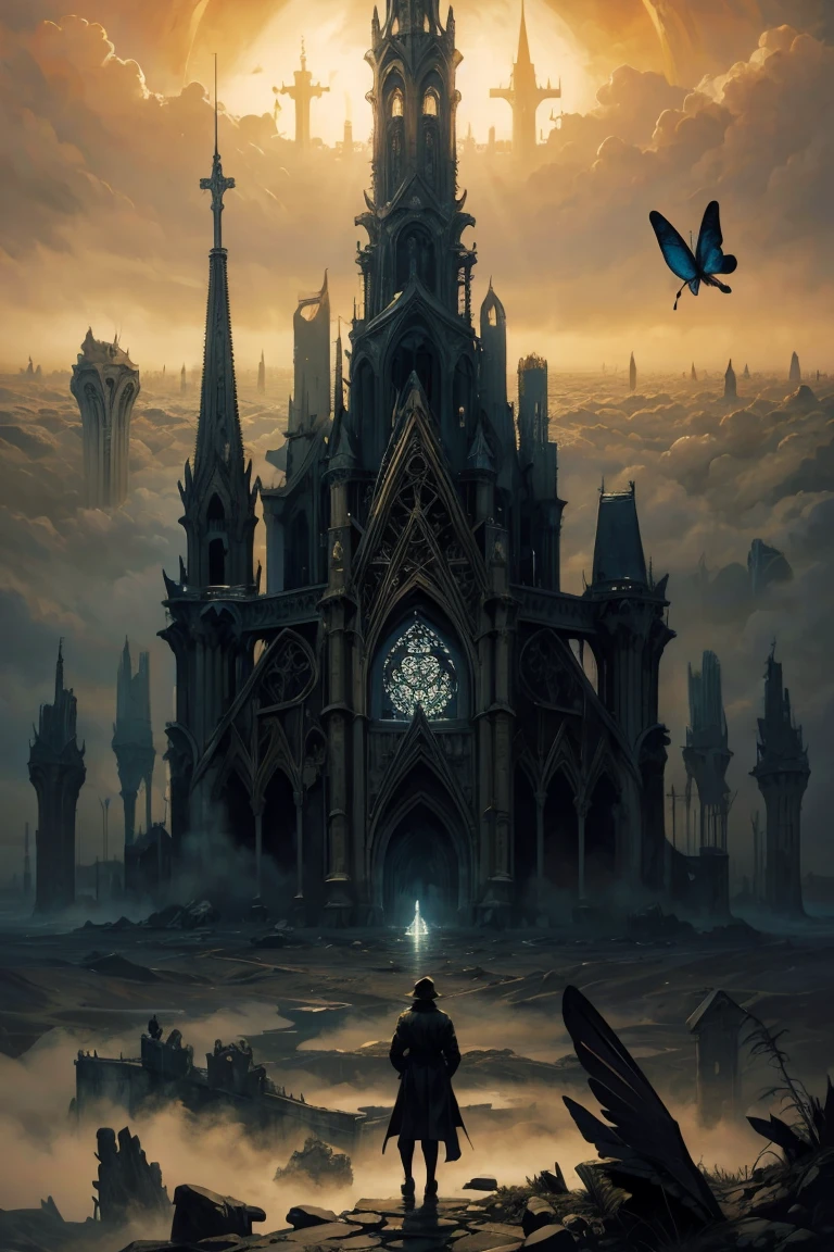 Panoramic photo of a huge ruined cathedral shrouded in thick fog in a desolate and unfamiliar landscape., pain,despair,fear, In style (Yves Tanguy:1.25), heat wave, art nouveau, excellent isolation, great wash, powerful golden hour, glass, cone, moth or butterfly,crow or crow,key, lurid, Afterimage and optical color,complementary, very detailed, oil on canvas, dry brush, (surrealism:1.1)