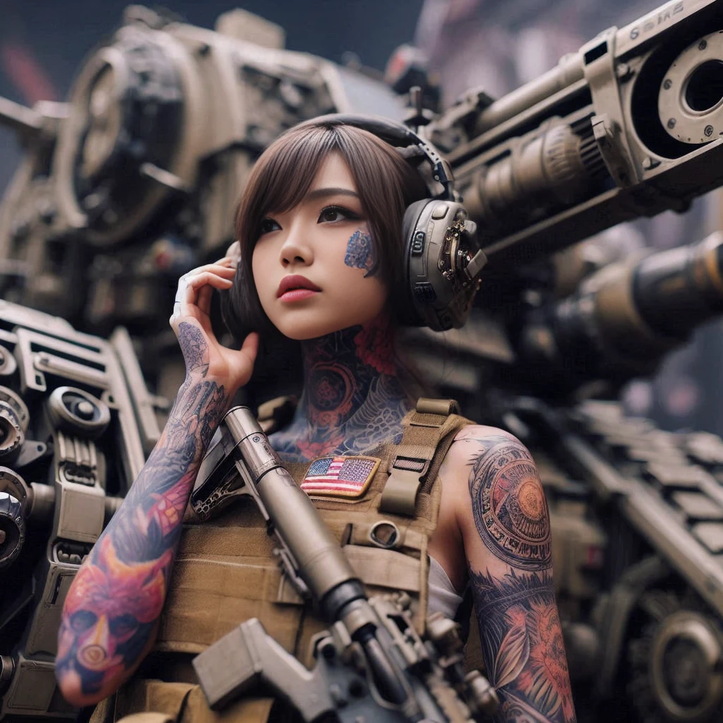 8k,Realistic Photo、Realistic Skin Texture、Superrealism、Japanese women in the U.S. military、Tattoo、In front of a large wheel-driven robotic weapon