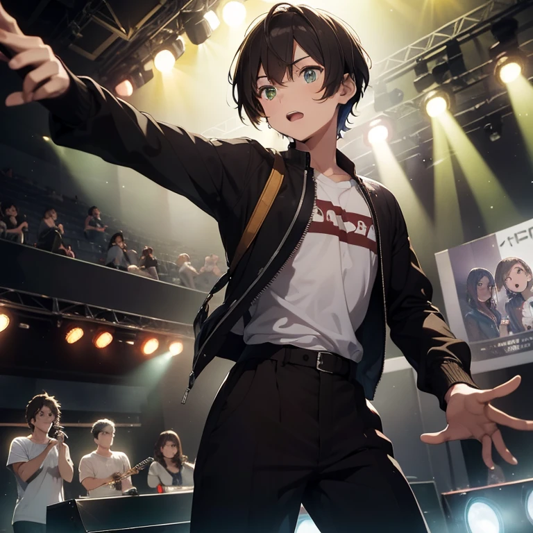 Masterpiece, best quality, high quality, One boy, Solo, 21 years old, has Short Brown hair, has Green eyes, handsome face, Anatomically correct, slim body, wears a rock band outfit clothes, singing, standing, in front of the Microphone, the stage, Dark in the room, colorfull Lamps lights, people are watching the concert