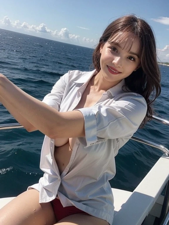 Gray background、pubic hair、Large Breasts、Thighs、Red lipstick、Cute woman、White shirt、smile、Open chest shirt、(A wet shirt with underwear showing through)、Wet Hair、Gazing at the sea、smile、On the boat、Raising his arms、Looking from below、Cloud、blue sea、(Hair tousled by the wind)、Light pink pleated skirt、