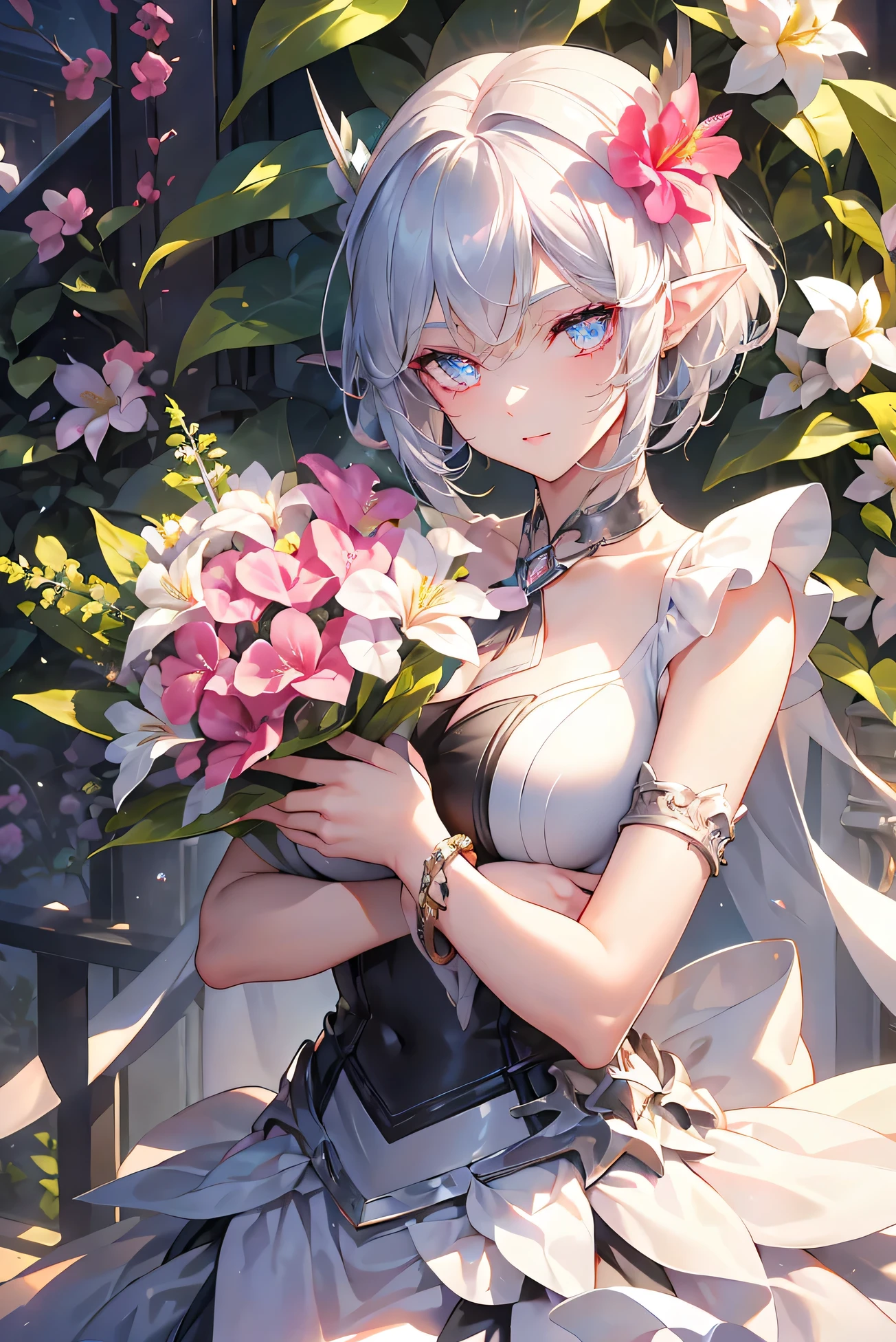 silver hair, short hair, hair bow, pointy ears, bright pupils, sparkle, masterpiece, textured skin, super detail, high details, best quality, high quality, highres, elf, beautiful lady, Choker, sleeveless T-shirt, shorts, surrounded by flowers, background (roses, hibiscus, lilies, Adiantum, violets), Casual clothes, bracelets, holding a bouquet in her hands, embracing a bouquet, at garden