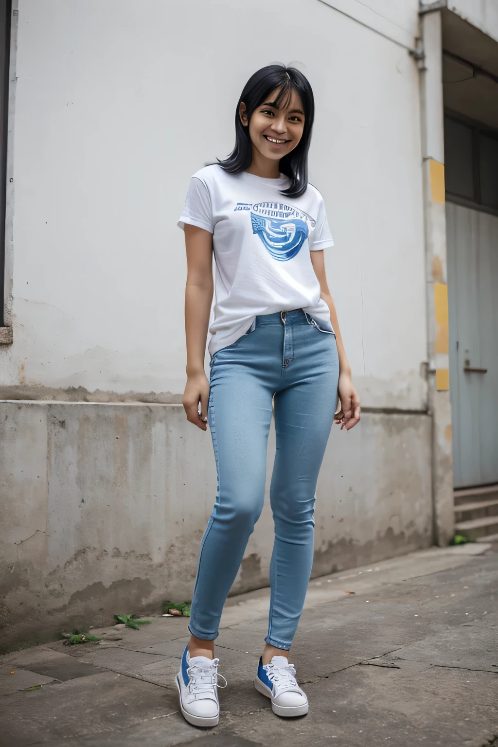 Standing woman、, white stripes t-shirt, blue skinny jeans, black hair, indonesian girl, smile, with sneaker, university