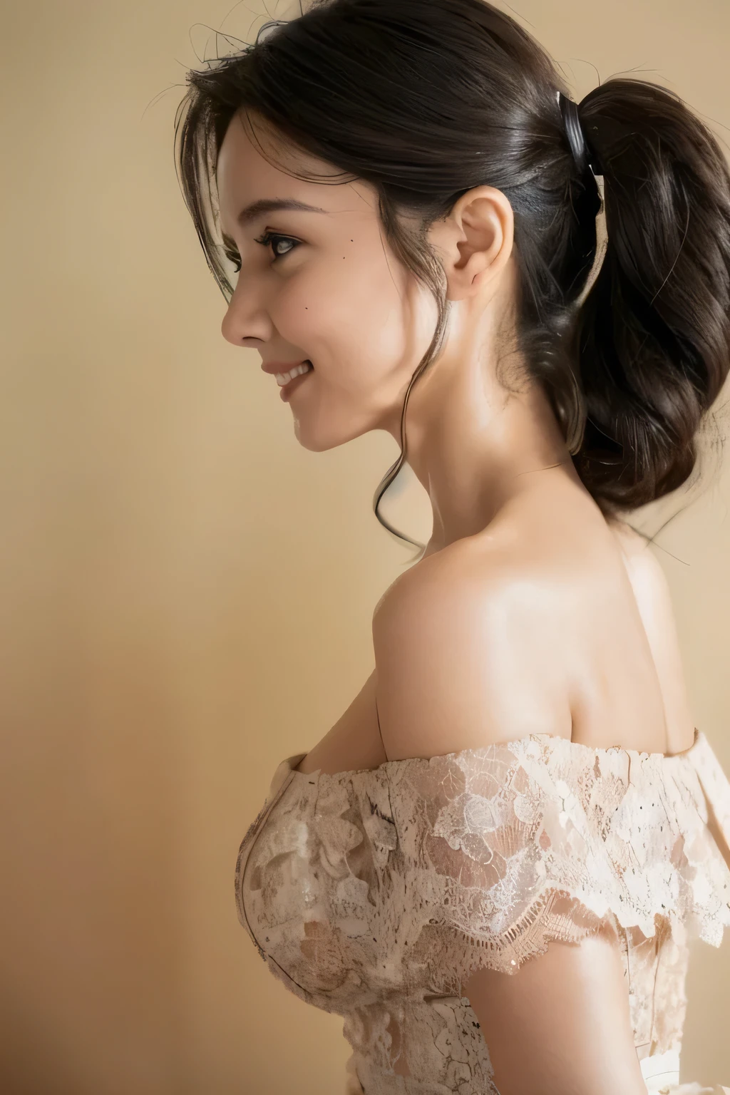 ((Highest quality, 8k, masterpiece: 1.3)), sharp: 1.2, Perfect Body Beauty: 1.6, ((Layered Hairstyles, Big Breasts: 2.0)), (Golden lace dress: 2.0, Off-the-shoulder dress: 2.0, Bold breast exposure: 2.0), (Boldly exposed cleavage: 2.0), ((long hair: 2.0)), ((necklace)), Earrings, ring, Bracelet, Hair Accessories, ((Beautiful young teenager woman)), ((Straight nose)), (Eyeliner), Armpit Hair, Bristles, ((White and beautiful skin)), Wavy Hair, Beautiful attention to detail, Super detailed, Highly detailed face and skin texture, fine grain, double eyelid, Black Hair, Big Ass, Lower Body, Thighs, (((Skinny))), Wet and shiny lips, smile, Get a grip on your body, ((Anatomically correct human body)), ((Crisp body shape)), Ribs, clavicle, Protruding skeleton, A face without nasolabial folds, Shyness, Thin eyebrows, Big eyes, (shoot from side: 2.0), (Narrow shoulders: 2.0), (Smile: 1.0), Corset-like dress, White skin