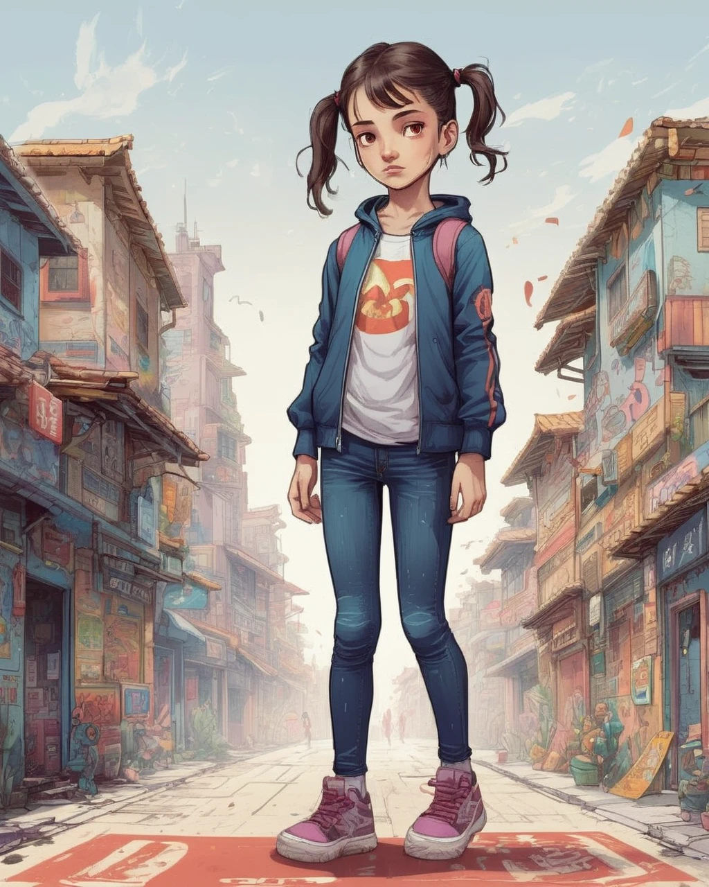 A child , (T-POSE), 正面, olhando para 正面, standing, fully body, Diego Gisbert Llorens, josan gonzales e dan mumford, a storybook illustration, simple background, 1 girl