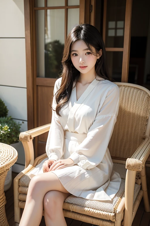 (masterpiece), (best quality), 8k resolution, 1girl, Asian girl, stunning beauty, perfect face, mature female, 20yo, sexy, sunny, window, sitting on the chair, wearing linen shirt, white shirt, oversize shirt