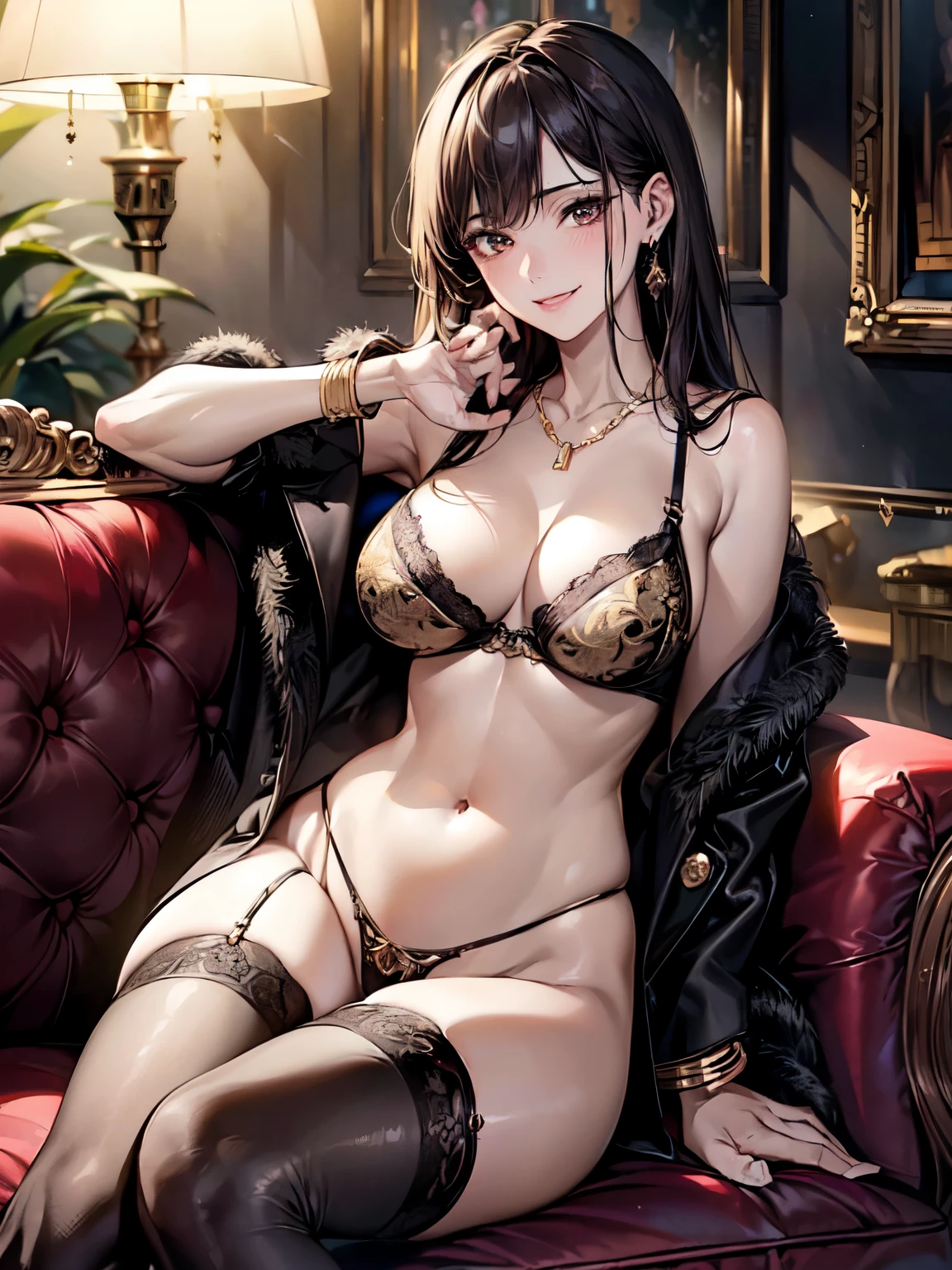 8K, (masterpiece, best quality:1.3), ((bokeh)), (short focus lens:1.4), anime style, Japanese, 1 lady, medium shot, (face light), cinematic lighting, sharp focus, (Left to Right Balance), beautiful eyes, (Perfect Hands,Perfect Fingers,Perfect Limbs,Perfect Body,Correct Human Body,Perfect Image Realism,Perfect Anatomy),
(shiny skin, detailed skin),
glossy black hair, well-groomed hair, medium-length straight hair: 1.3, black eyes,
(black blazer:1.3), wearing an unbuttoned blazer,
(black and gold thong, black and gold bra, black garter stockings:1.3), (simple gold chain necklace, simple gold earrings, simple gold bracelet), standing, random porn pose,
milf, glamorous body, ((smile), upscale restaurant manager, confident and focused,
sitting on a luxurious sofa, (legs spread wide:1.3), random porn pose, sinking into cushions,
(beautiful scenery), (Seductive bar interior, dim red lighting, luxurious decor, velvet upholstery, crystal chandeliers, polished wood bar counter, elegant glassware, Luxurious sofa, high-end furniture, velvet upholstery, ornate wooden frame, tufted cushions, gold accents, intimate atmosphere, photorealistic, high detail, wide-angle shot), very wide, panorama view, sense of depth, magnificent view,