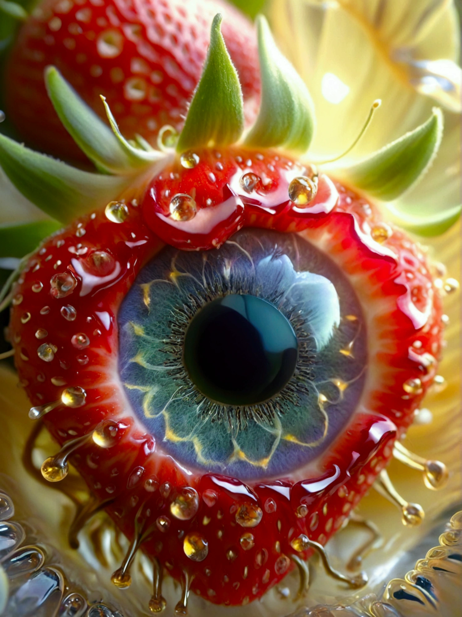 Macro view of the eye is strikingly similar to the natural beauty of a strawberry，The intricate details of the iris appear similar to the elegant petals of a red strawberry.，The dark pupil is located in the center，Strawberry-like core，The surrounding golden iris pattern echoes the delicate petals，This image combines biology and botany，Depicting a fusion of nature&#39;s wonders