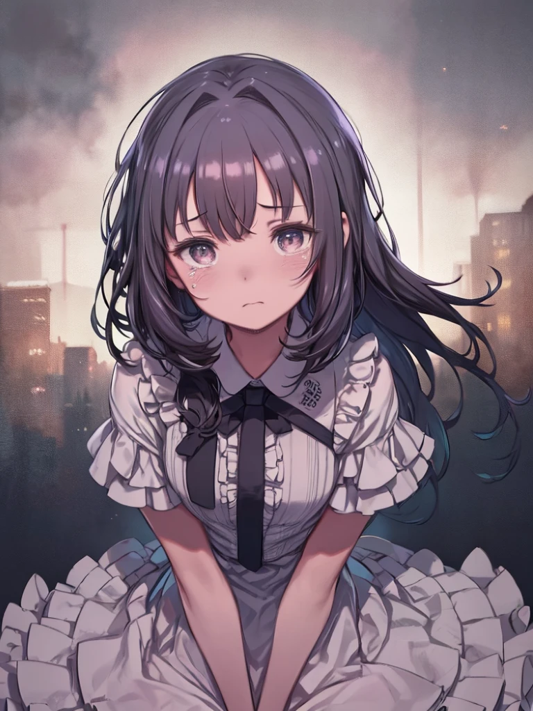 (((Highest quality))), ((Very detailed)), ((illustrinion)), ((Disheveled Hair)), ((Frills)), (1 girl),(一人in), Closed_mouth,Are crying,Looking_in_Audience,Simple_background,tear up_superior,tears,rining:Safety,Downtrodden,Complaints,