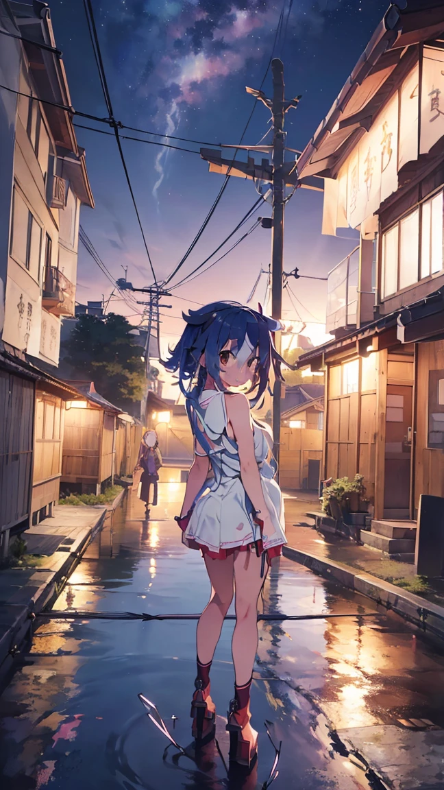 masterpiece, Highest quality, High resolution, Very detailed,(((Mikoto Naruka))), (((station)))、(((electric wire)))、(((smile)))、(((Standing in the distance))), (((Looking back。))), Electric pole, night, (((platform)))