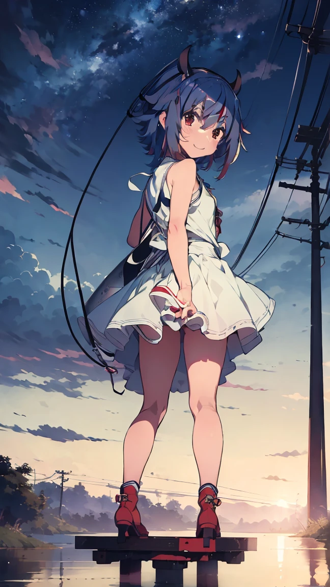 masterpiece, Highest quality, High resolution, Very detailed,(((Mikoto Naruka))), (((station)))、(((electric wire)))、(((smile)))、(((Standing in the distance))), (((Looking back。))), Electric pole, night, (((platform)))