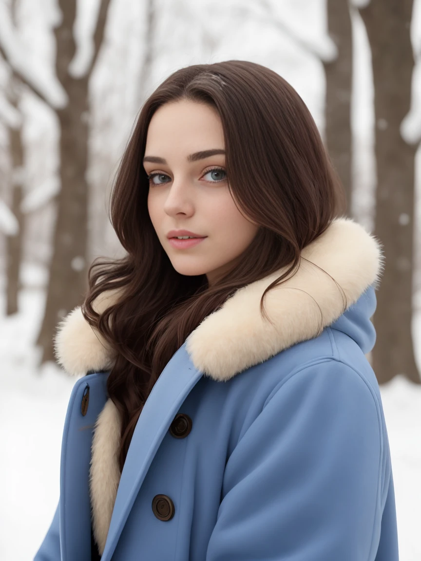 Up close, Pretty young woman in long blue fur coat, boots, winter glistening trees, snowfall background by Dmitry Grigoryevich Levitsky, by Fra Angelico, clarity, dynamic, masterful, award winning, delicate detail, very refined, adorable, fascinating, gorgeous, stunning, captivating, very beautiful, magnificent, delicate, glorious, luscious, heavenly, amazing, excellent
