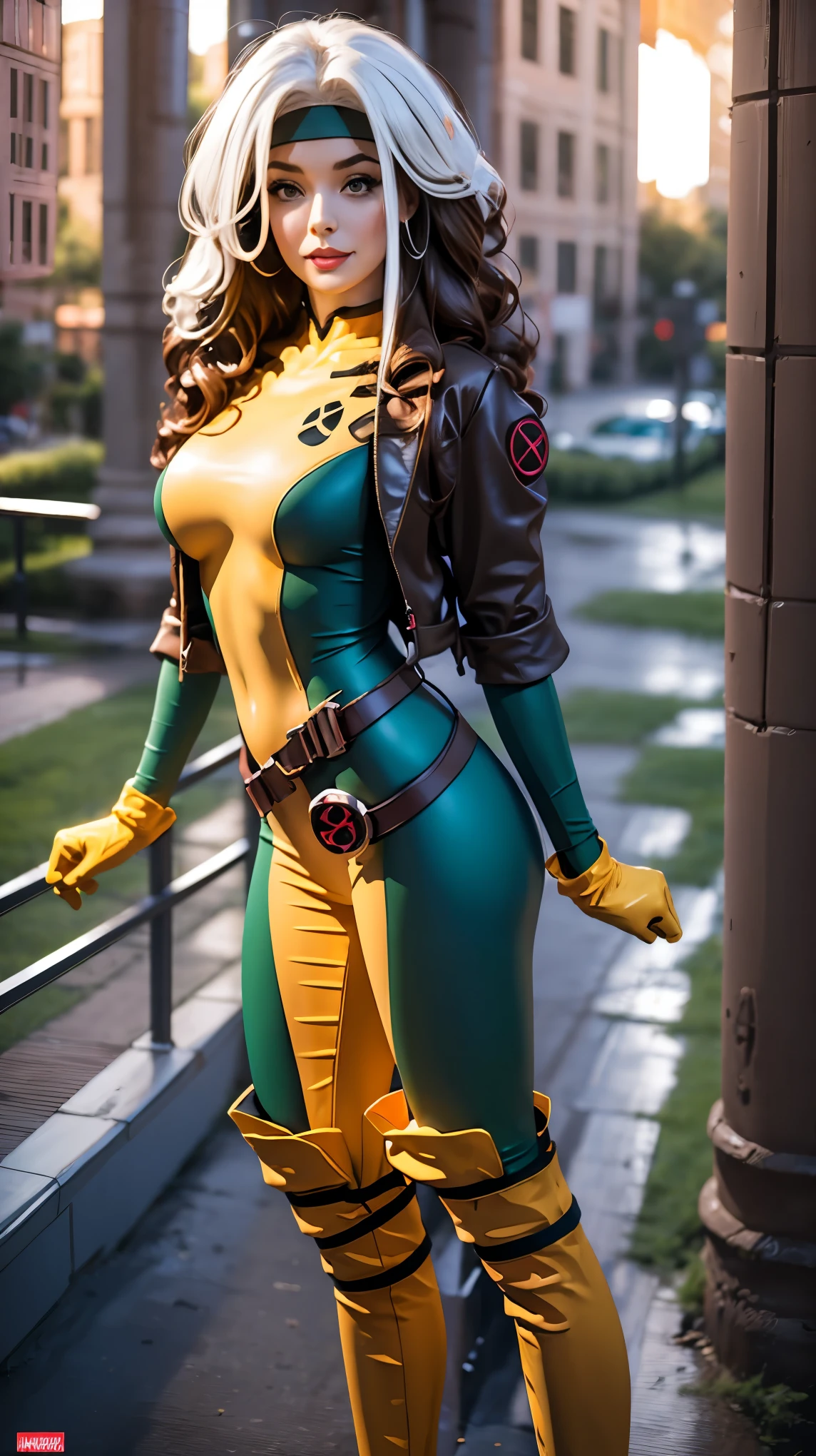 (masterpiece:1.0), (best_quality:1.2), (dark shot:1.3), Classic robber, 1991 X-Men Rogues, 1 girl, only 1, full body shot, looking back, medium length hair, Brown hair, Wavy hair, one strand of white hair, green eyes, Fit figure, defiant position, hand on hip, grinning, lips parted, medium breast, headband, gloves, boots, Jacket, belt, Red lipstick, heavy makeup, Lighting from above, (Realism: 1.5), (realistic: 1.4), (absurdity:1.4), 8 K, ultra detailed, Detailed beautiful woman, very physically developed girl, (background: long dark corridor in a mansion), official art, extremely detailed CG unity 8 K wallpaper, very dark lighting, colorful, ultra high resolution, photo, 8 K, HDR, Kodak Portrait 400, granularity, blurry background, (hips:1.2), granularity:1.2, (warm shade, warm tone:1.2), (color photo), профессиональная photo