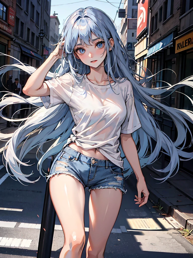 long hair,Blue eyes,wear a simple shirt,denim shorts,city, absurdity, a high resolution,ultra-sharp,8 Kšedevr, I look at the viewer