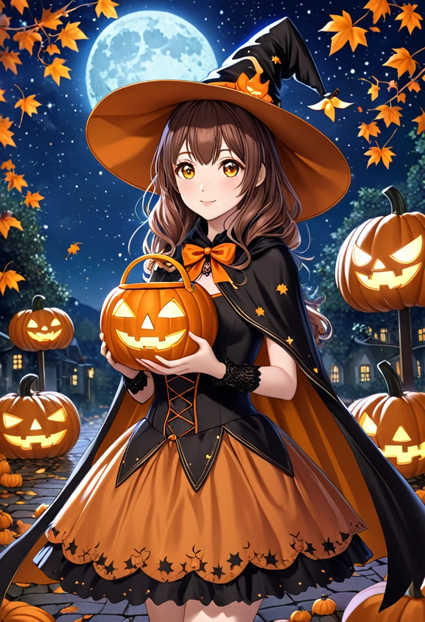 A super cute anime girl dressed in a Halloween costume, with big, shining, expressive eyes that have a touch of semi-realism. She wears an enchanting witch outfit: a slightly worn, pointy hat, a detailed, flowing cape, and a short, frilly dress with intricate lace patterns. Her eyes are wide and sparkling, with a realistic sheen that captures the light, giving them a deep, almost lifelike quality. She holds a small pumpkin-shaped candy bucket in one hand and a tiny, glowing wand in the other, both rendered with a touch of realism in the textures and details. Her soft, rounded features are balanced by more realistic shading and highlights on her skin, giving her a warm, slightly three-dimensional look. The background is a cozy, autumnal scene with fallen leaves and glowing jack-o'-lanterns, under a clear, starry night sky. The setting has realistic textures in the leaves, pumpkins, and night sky, blending seamlessly with the whimsical, anime-style character