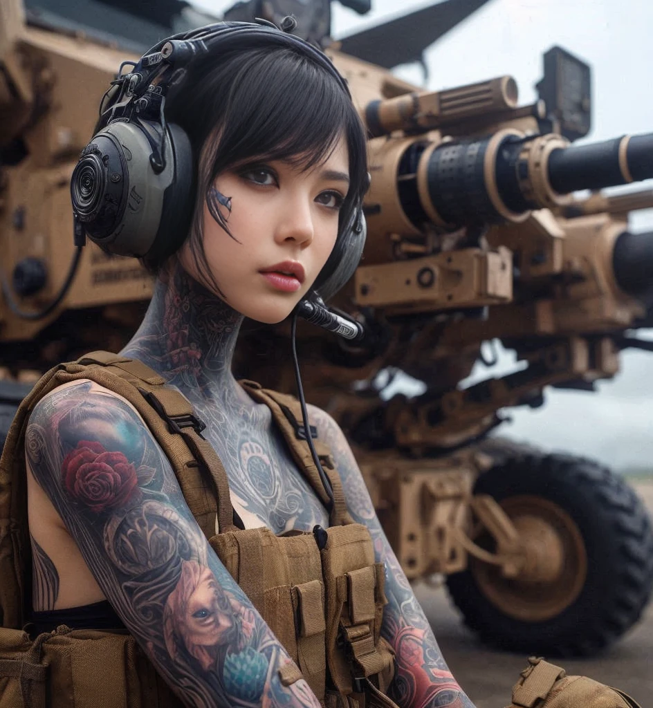 8k,Realistic Photo、Realistic Skin Texture、Superrealism、Japanese women in the U.S. military、Tattoo、In front of a large wheel-driven robotic weapon