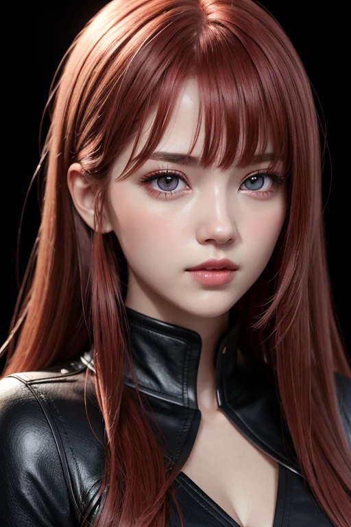 1 girl, Star Eyes, blush, Perfect lighting, Red hair, Red eyes, Unreal Engine, Side light, Detailed face, Bangs, fair skin, Simple background, Dark background