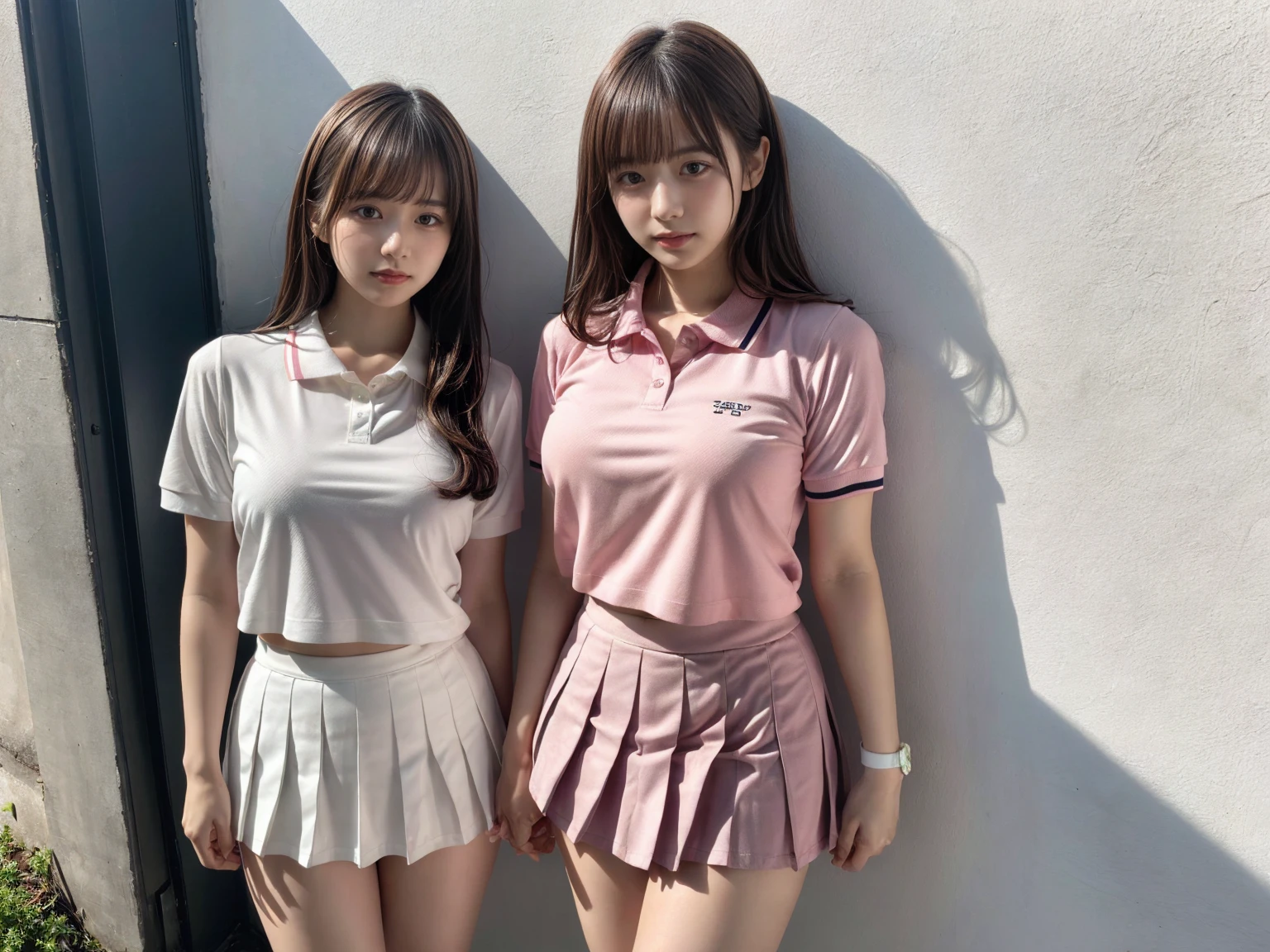 masterpiece, best quality, illustration, Super detailed, fine details, High resolution, 8K,wall paper, perfect dynamic composition,(Details High quality, realistic depiction of eyes:1.3), (2 girls), BREAK (white theme:1.4), (tucked-out short sleeve white polo shirt:1.4), (pink lines on tops outline:1.3), (pure white pleated mini skirt:1.3), (hem of top covers top half of skirt:1.3), (pink fluffy scrunchie on wrist:1.3), (white and pink sports shoes:1.2), short bob hair, (large breasts:1.2), plumpy body, black hair color, Big Natural Color Lip, (perfect body shape), crying a little、Harajuku style、20 year old girl、cute type、beautiful legs, Gravure Idol