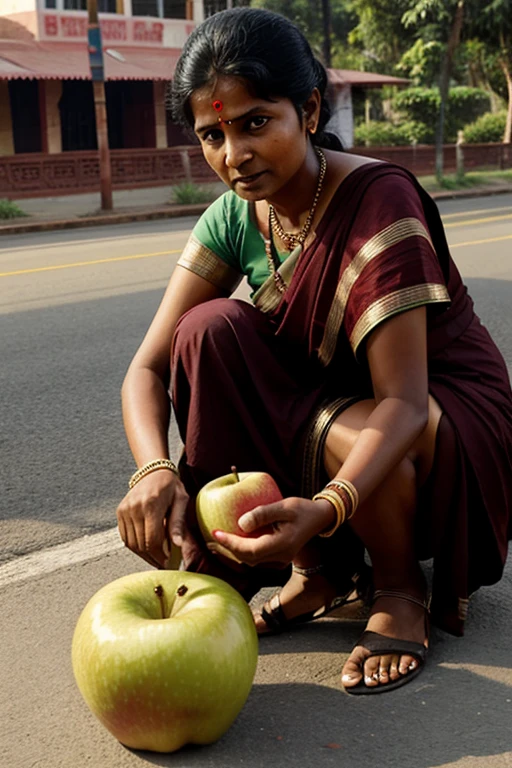A Indian poor woman is making a elephant out of apple on road