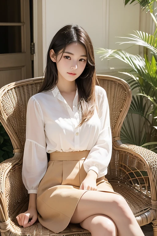 Very beautiful Japanese woman、Around 20 years old、layered cut、Sitting on a wicker chair、Scornful expression、Crossing your legs、stylish、Stylish white blouse and beige skirt、Afternoon terrace of a French mansion、The white light shines brightly、Professional photos with attention to detail、Photorealistic、Highest quality