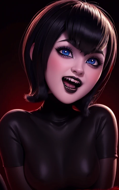 Mavis Dracula closeup, black fur, bobcut,big blue eyes, voluminous red lips perfectly detailed face and very pretty body , slender, abundant breasts,gothic makeup, growling, showing teeth fangs vampire ,Nswf