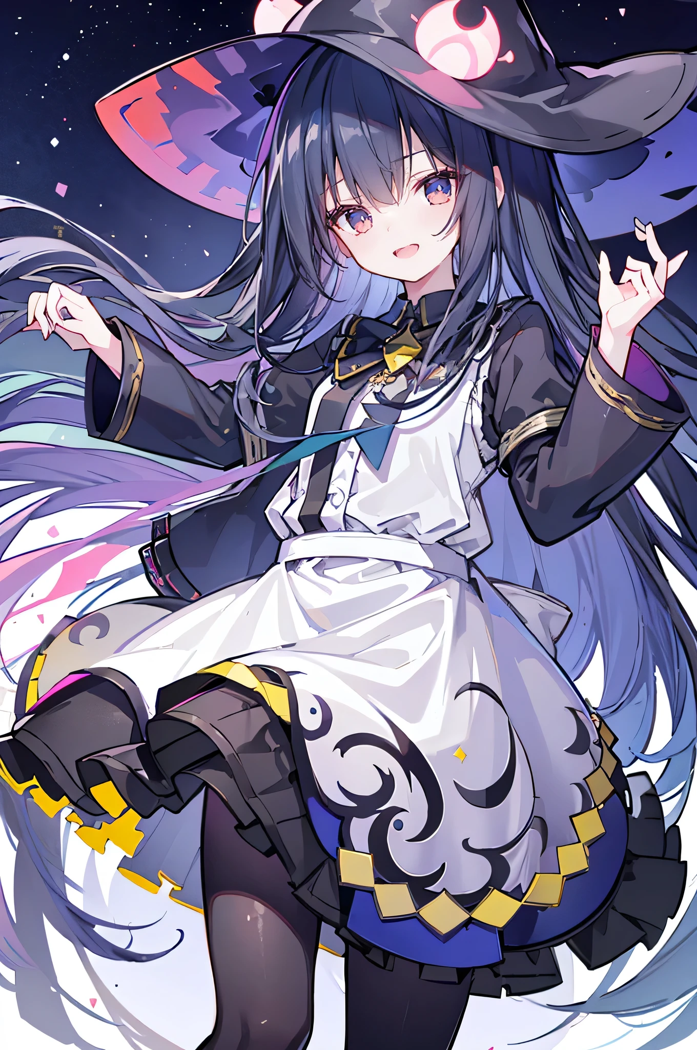 oung Girls,Humanity,A magician always smiles,big witch hat,cute,dark blue long hair,The eyes are dull,The bangs are heavy,Thin eyebrows,fantasy,intake,Double teeth,Star Theme,Constellation pattern,Solid color clothetal decoration,cloak,A bit of a dark atmosphere,A little crazy smile,When the big moon shines outside at night,blood,Hair black star embellishment,Short tie,No nails,High waist skirt,Bell sleeves,Long-sleeved shirt,Black tie,low risk,gentlemen。Mist、Yellow and white effect,Shocking pink as an accent color