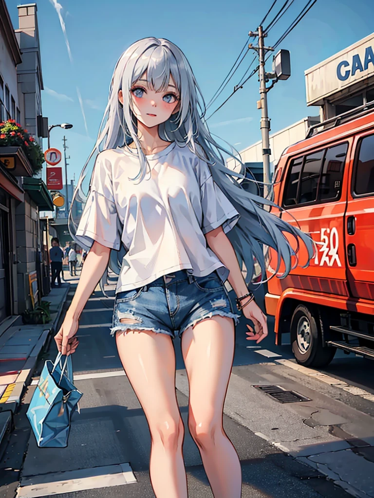 long hair,wear a simple shirt,denim shorts,city, absurdity, a high resolution,ultra-sharp,8 Kšedevr, I look at the viewer