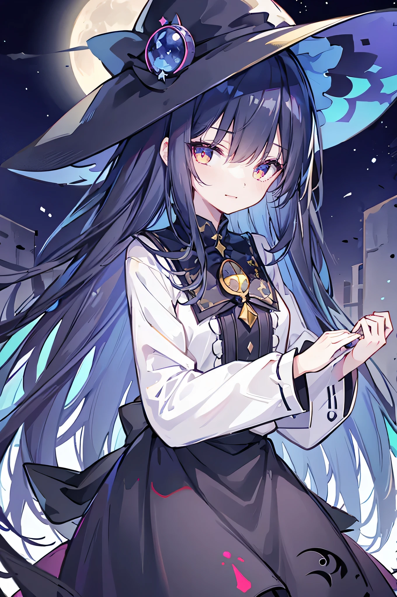 oung Girls,Humanity,A magician always smiles,big witch hat,cute,dark blue long hair,The eyes are dull,The bangs are heavy,Thin eyebrows,fantasy,intake,Double teeth,Star Theme,Constellation pattern,Solid color clothetal decoration,cloak,A bit of a dark atmosphere,A little crazy smile,When the big moon shines outside at night,blood,Hair black star embellishment,Short tie,No nails,High waist skirt,Bell sleeves,Long-sleeved shirt,Black tie,low risk,gentlemen。Mist、Yellow and white effect，Shocking pink as an accent color