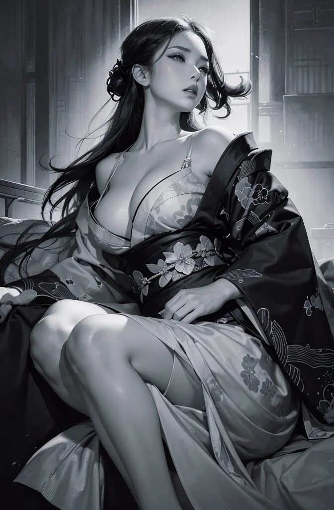 Wait for the sexy warrior, Pretty face, Delicious company, A captivating sight, Wearing a sexy open kimono. The work is created in a medium reminiscent of Japanese ink painting.。....., 具有大胆的笔触和Monochromatic color palette. Artist&#39;Stunning technique gives the image strength and power&#39;Presence，Highest quality, Ultra-high resolution captures every detail. The texture and intricate patterns of the kimono are expressed with extreme precision.. Lighting is carefully designed，Enhance the drama, Deep shadows and subtle highlights. general, This piece exudes elegance and strength., Combining traditional Japanese aesthetics with a modern sensibility. Monochromatic color palette, Putting the details together, Captivate viewers、Create immersive experiences.