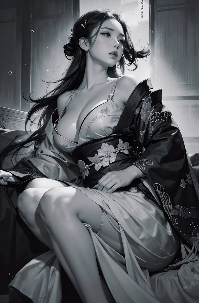 Wait for the sexy warrior, Pretty face, Delicious company, A captivating sight, Wearing a sexy open kimono. The work is created in a medium reminiscent of Japanese ink painting.。....., 具有大胆的笔触和Monochromatic color palette. Artist'Stunning technique gives the image strength and power'Presence,Highest quality, Ultra-high resolution captures every detail. The texture and intricate patterns of the kimono are expressed with extreme precision.. Lighting is carefully designed,Enhance the drama, Deep shadows and subtle highlights. general, This piece exudes elegance and strength., Combining traditional Japanese aesthetics with a modern sensibility. Monochromatic color palette, Putting the details together, Captivate viewers、Create immersive experiences.