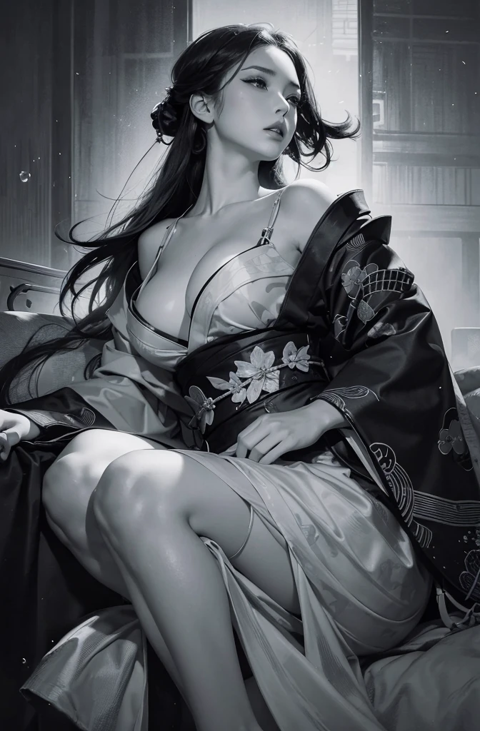 Wait for the sexy warrior, Pretty face, Delicious company, A captivating sight, Wearing a sexy open kimono. The work is created in a medium reminiscent of Japanese ink painting.。....., 具有大胆的笔触和Monochromatic color palette. Artist&#39;Stunning technique gives the image strength and power&#39;Presence，Highest quality, Ultra-high resolution captures every detail. The texture and intricate patterns of the kimono are expressed with extreme precision.. Lighting is carefully designed，Enhance the drama, Deep shadows and subtle highlights. general, This piece exudes elegance and strength., Combining traditional Japanese aesthetics with a modern sensibility. Monochromatic color palette, Putting the details together, Captivate viewers、Create immersive experiences.