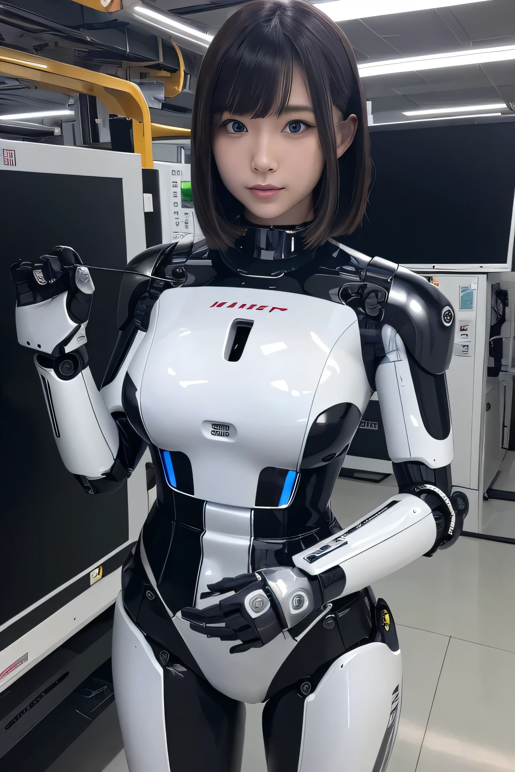 masterpiece, best quality, extremely detailed, Japaese android girl,Plump ,control panels,android,Droid,Mechanical Hand, Robot arms and legs,Blunt bangs,perfect robot girl,long tube,thick cable connected her neck,android,robot,humanoid,cyborg,japanese cyborg girl ,robot-assembly plant,She has assembled now,assembly scene,chest monitor,blue eyes