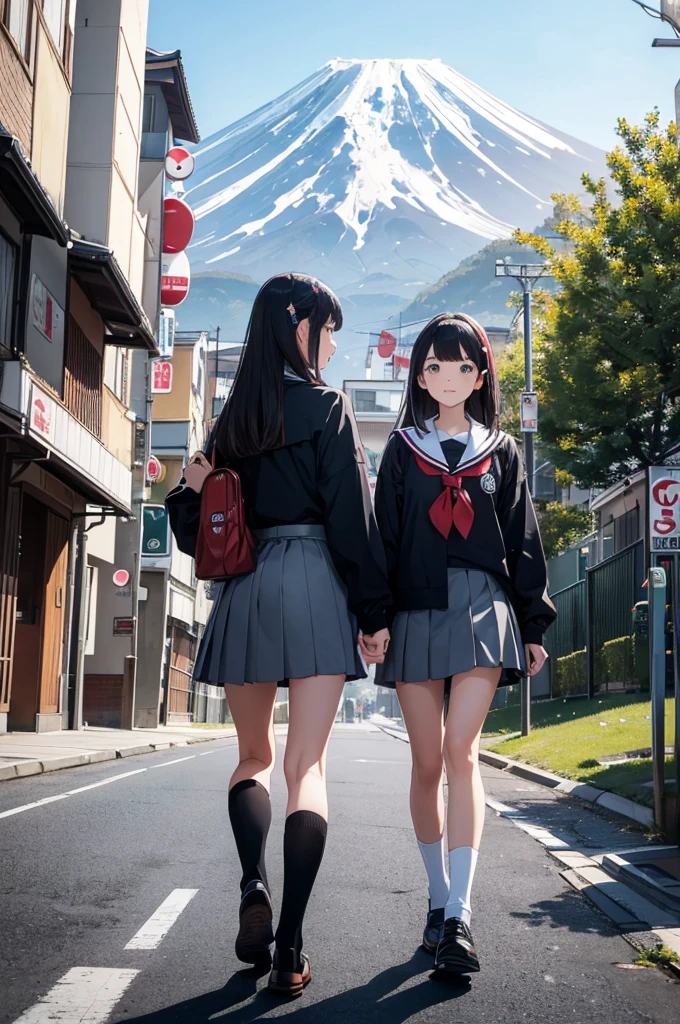 (masterpiece, best quality:1.1),
(8k, best quality, masterpiece, ultra highres, ultra-detailed:1.2),flatcolor,2girls in school uniforms walking down the street, two japanese schoolgirls posing, seifuku,japanese, japan travel aesthetic, mount fuji in the background, japanese live-action movie, anime style mixed with fujifilm, high school girls, Illustration by okama,