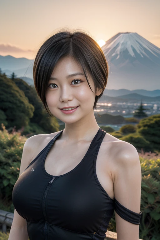 Depicting Japan, The image must include a sunset, with natural light, In the center is a Japanese woman wearing off-the-shoulder Lycra spandex., Smiling whole body, Mount Fuji in the background 8k、(((Detailed face:1.5)))