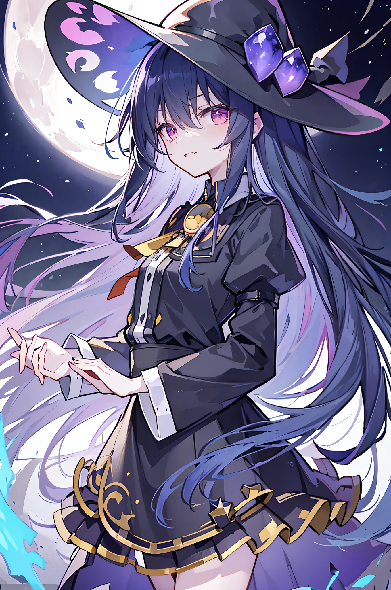oung Girls,Humanity,A magician always smiles,big witch hat,cute,dark blue long hair,The eyes are dull,The bangs are heavy,Thin eyebrows,fantasy,intake,Double teeth,Star Theme,Constellation pattern,Solid color clothetal decoration,cloak,A bit of a dark atmosphere,A little crazy smile,When the big moon shines outside at night,blood,Hair black star embellishment,Short tie,No nails,High waist skirt,Bell sleeves,Long-sleeved shirt,Black tie,low risk,gentlemen。Mist、Yellow and white effect，Shocking pink as an accent color