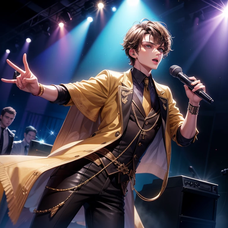 Masterpiece, best quality, high quality, One boy, Solo, Alone, 21 years old, has Short Brown hair, has Green eyes, handsome face, Anatomically correct, slim body, wears a rock band outfit clothes, singing, standing in front of the Microphone, the stage, Dark in the room, colorfull Lamps lights