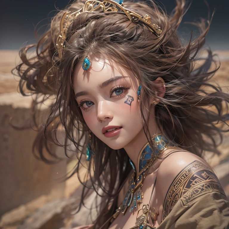 Hiding in the desert、Hair Flow、 ((Highest quality、masterpiece、8k、Best image quality、Ultra-high resolution、Award-winning works)、(Accurate anatomy:1.1)、(Look at me and smile:1.1)、Shining fair skin with Ultra-high resolution、The most detailed face、Ultra-high resolution detailed face、Ultra-high resolutionの髪の毛、(Ultra-high resolutionの煌めく瞳:1.1)、Beautiful face drawn in every detail、(Blurred Background:1.1)、Ancient Islamic clothing, Chest to chest, tattoo, Old ruins in the background、