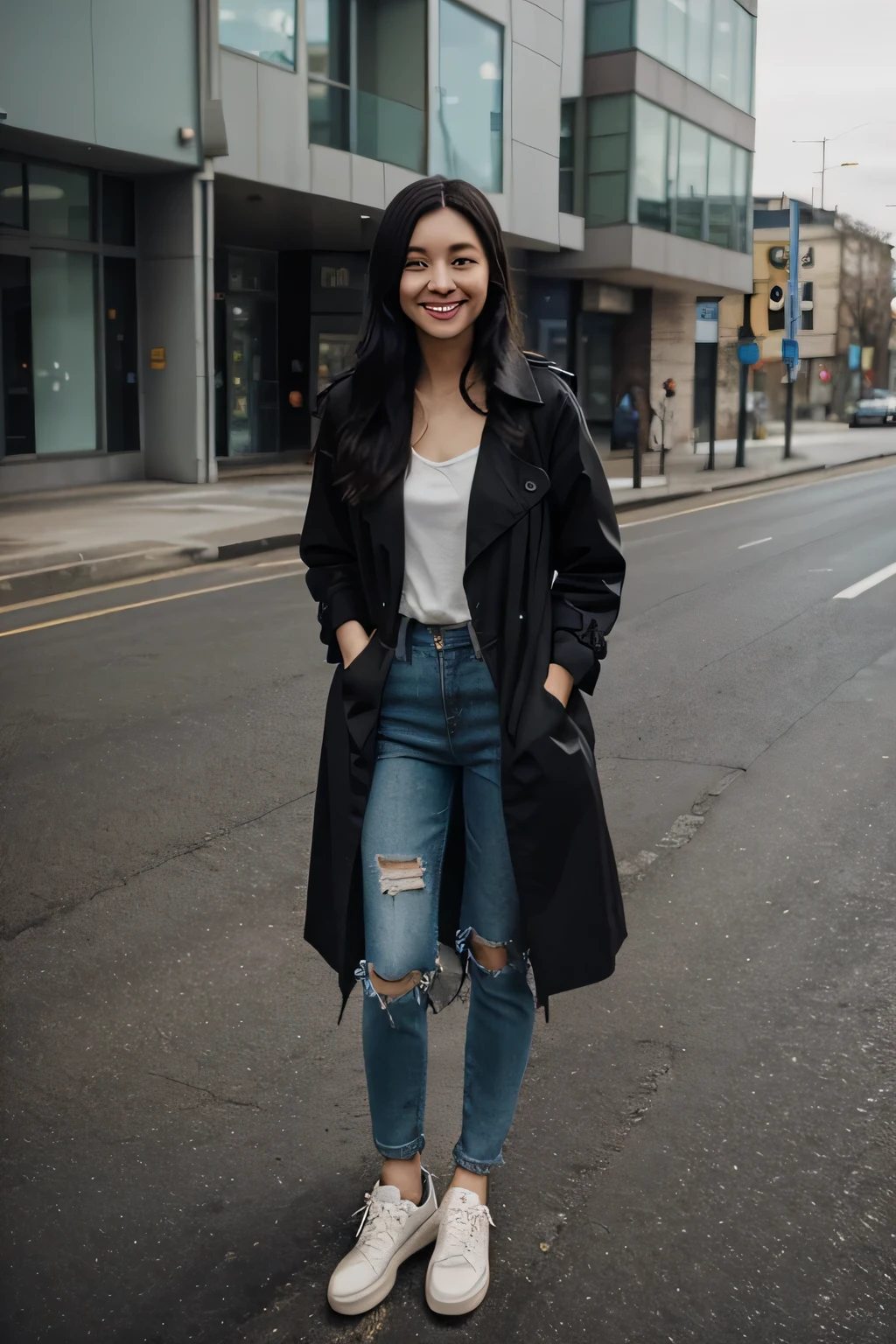 Standing woman、Black Hair、smile、trench coat、Skinny jeans、sneakers、The background is the building's passageway