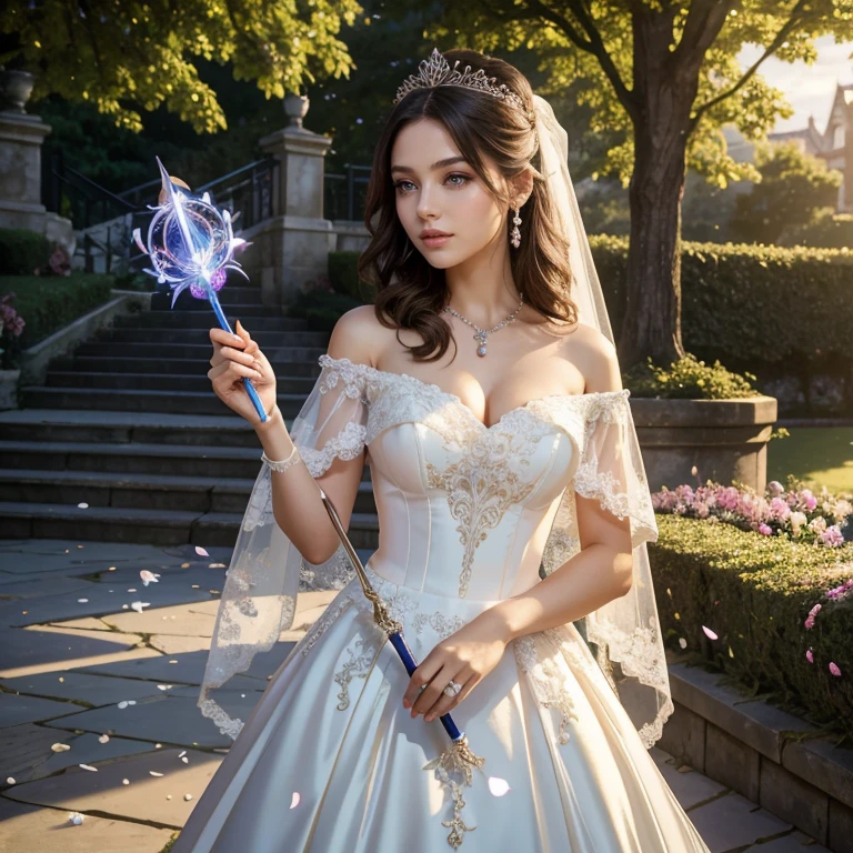 (masterpiece, best quality:1.5), highest quality, High resolution, super detailed, Realists, Upper body photo of a brunette young magical girl, detailed and beautiful eyes, beautiful detailed lips, very detailed eyes and face, longeyelashes, white satin wedding dress, Holding a magic wand in your hand, Cast a transformation spell, With her magic wand she turns stones into wedding flowers, Glowing wands available,Beautiful and colorful makeup, elegant and noble々The jewelry bag, Gardens as background, soft daylight, bright colors, fine brushstrokes, Portrait style, Silk dress fabric, beautiful color palette, glowing skin, First-class rendering, that captures every detail, enchanting atmosphere, subtle shadows and lights, (perfect anatomy:1.2), (The stunning magical girl in a wedding dress turns stones into wedding flowers. (a transformation with the magic wand:1.4), (magnificent panorama view:1.2)