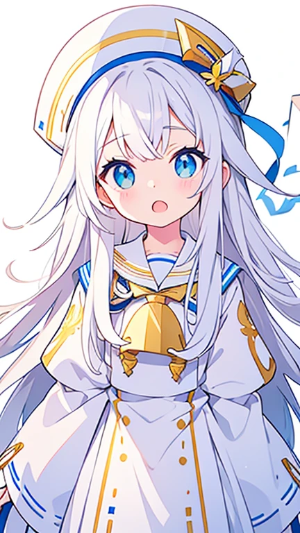 Mouth open、There is a gap on the top of the hat、Pure white background、Standing still、Hands at sides、White hat with gold decoration、Long white hair、Sailor'White uniform