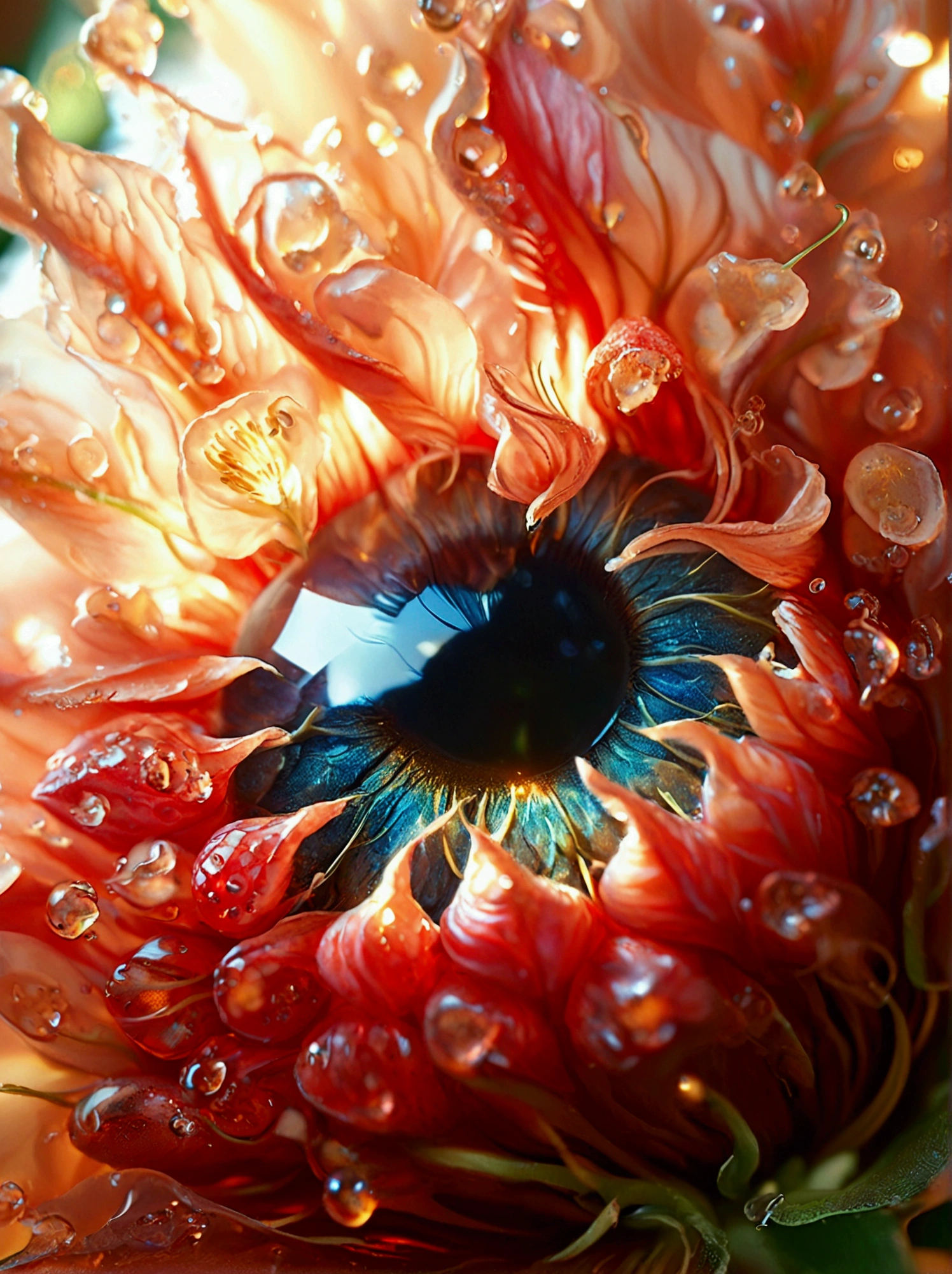 Macro view of the eye is strikingly similar to the natural beauty of a strawberry，The intricate details of the iris appear similar to the elegant petals of a red strawberry.，The dark pupil is located in the center，Strawberry-like core，The surrounding golden iris pattern echoes the delicate petals，This image combines biology and botany，Depicting a fusion of nature&#39;s wonders