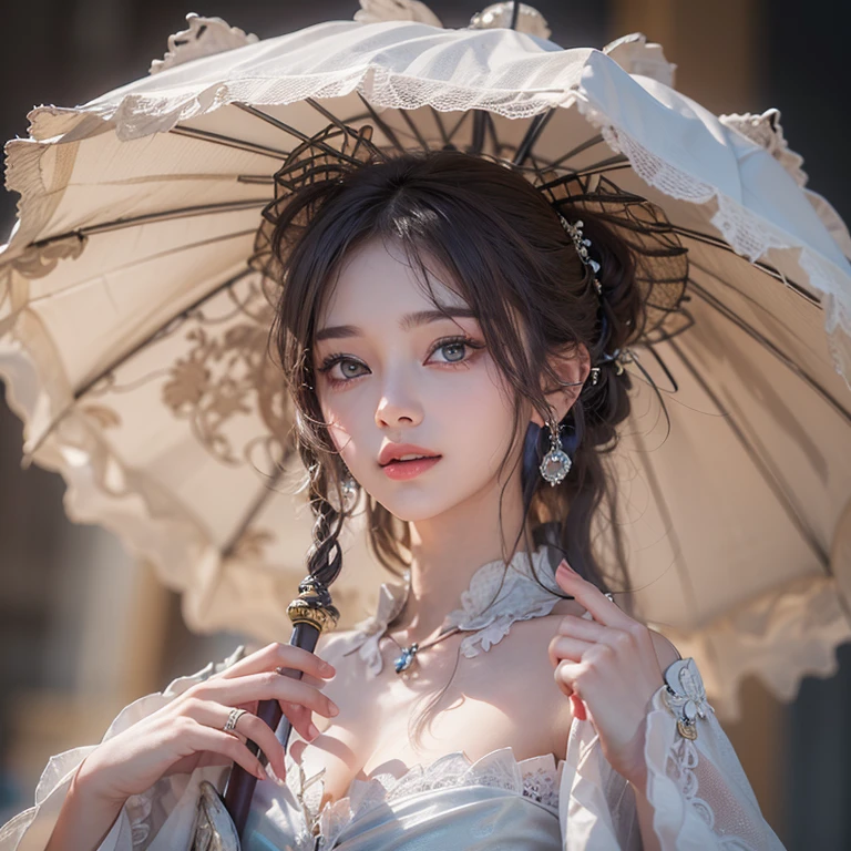 A woman holding a parasol stands on top of a hill、Gothic Dress、青空と雲1 girl, Highest quality, masterpiece, Ultra-high resolution, (Realistic:1.4), RAW Photos, 1 girl, Cinema Lighting,((Highest quality、masterpiece、8k、Best image quality、Ultra-high resolution、Award-winning works)、(Accurate anatomy:1.1)、Highly detailed face、Attention to detail、double eyelid、Sharp focus:1.2、Beautiful woman:1.4、Highest quality、masterpiece、Ultra-high resolution、(Realistic:1.4)、Highly detailed and professionally lit smiles、Serious expression、Two Arms, Complete Hそして, Beautiful body, Beautiful fingers, Normal finger, Five Fingers, Five Fingers, (Thumb Index Finger Ring Finger), Beautiful ears、 Normal ear, Beautiful Eyes, Shining Eyes, Beautiful mouth, Beautiful Lips,