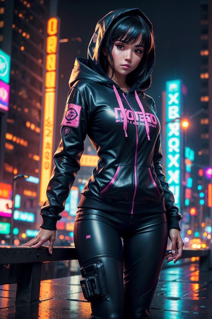 "Woman in a cyberpunk hoodie suit in a city full of neon lights, rodeado de letras. Image must be in 8k resolution, mostrando el cuerpo completo de la mujer desde una vista trasera. Capture the rainy atmosphere with a SONY Alpha A2 camera, garantizando una calidad ultradetallada y UHD."