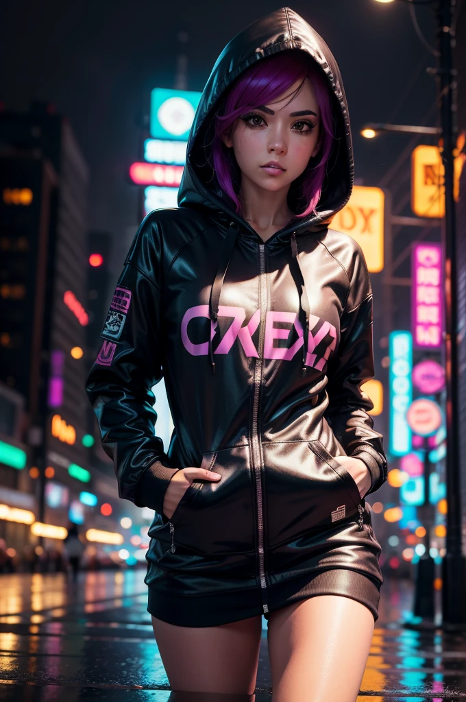 "Woman in a cyberpunk hoodie suit in a city full of neon lights, rodeado de letras. Image must be in 8k resolution, mostrando el cuerpo completo de la mujer desde una vista trasera. Capture the rainy atmosphere with a SONY Alpha A2 camera, garantizando una calidad ultradetallada y UHD."
