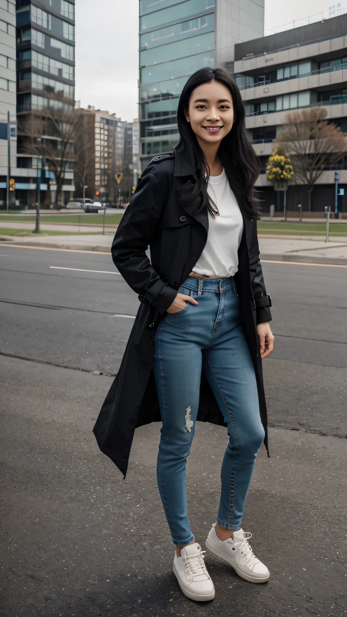 Standing woman、Black Hair、smile、trench coat、Skinny jeans、sneakers、The background is the building&#39;s passageway