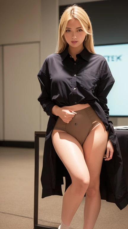 ((SEXYなchestを強調するマイクロビキニ:1.75)))、(((Sexy knee-highs:1.35)))、((((Emphasizes the sexy crotch:1.35)))、((((Spread your legs wide、Touching the thigh、There is a lot of pubic hair showing off the crotch、大きな先のとがったchest))))、Highest quality, Ultra-high resolution, (Realistic:1.4), 1 girl, Button-down shirt, Black Skirt, School, Dark brown hair, chest, (blonde:1.2), Looking at the audience, (Highly detailed face:1.1),,  (Pure Face_v1:0.8),Tick tock,  