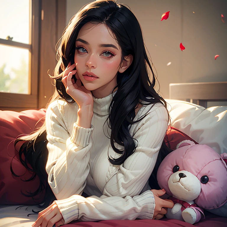 1 girl walks along the river, mix4, sweater, pillow, lips, open_mouth, realistic, Photo_(middle), One, stuffed_animal, stuffed_toy, Teddy_bear,(masterpiece),(Photorealistic:1.3), ultra detailed, (highly detailed skin:1.2),(Best quality:1.0), (ultra high resolution:1.0), (Oljan-6500:0.3), wavy detailed hair, long hair, sunlight, (beautiful detailed makeup), (sexual arousal, Redness, hard breath:1.0), flower theme, flower petals are scattered, (soft glow:0.5)